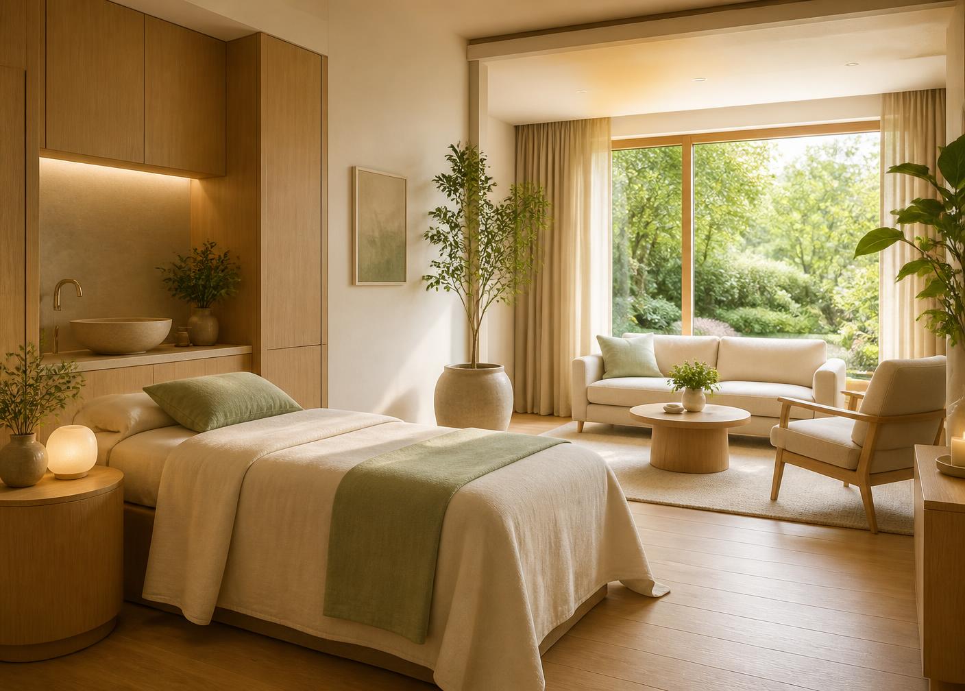 Quarto acolhedor com vista para o jardim